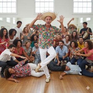 Aula de dança de salão com instrutor atrapalhado