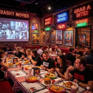 Jantar em restaurante com tema de filmes trash
